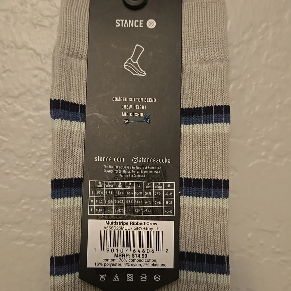 Stance MultiStriped Gray and Navy, Casual Crew Socks, Mens L, 9-13 Cotton